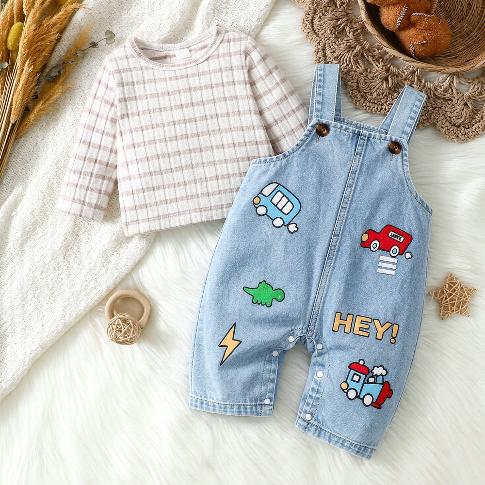 2PCS Casual Cartoon Printed Denim Overalls Baby Set