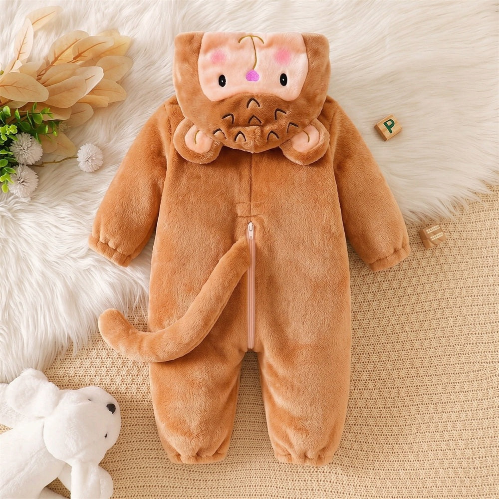 Fuzzy 3D Monkey Printed Zipper Long Sleeve Baby Hoodie Jumpsuit