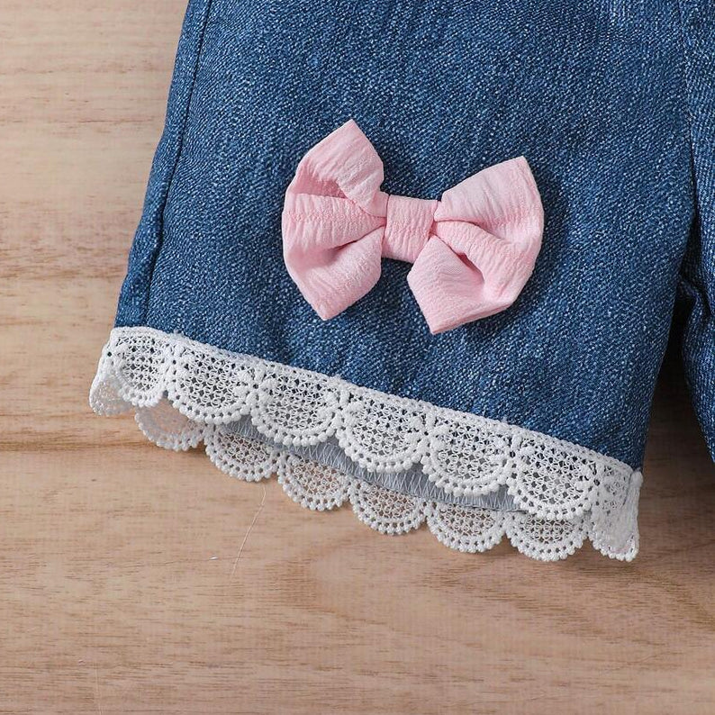 3PCS Chic Color Blocking Denim Flounce Sleeve Baby Set