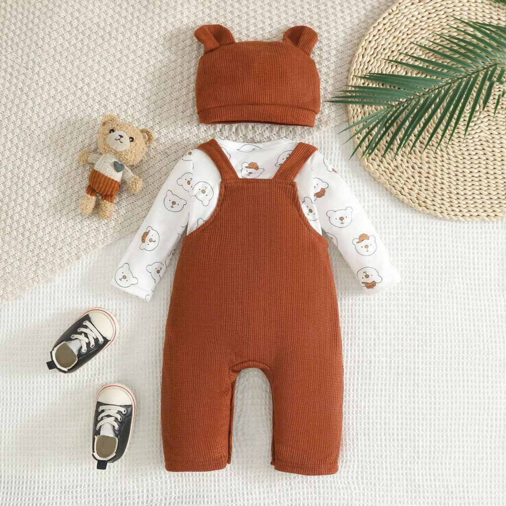 3PCS Cute All-Over Bear Printed Long Sleeve Baby Overalls Set