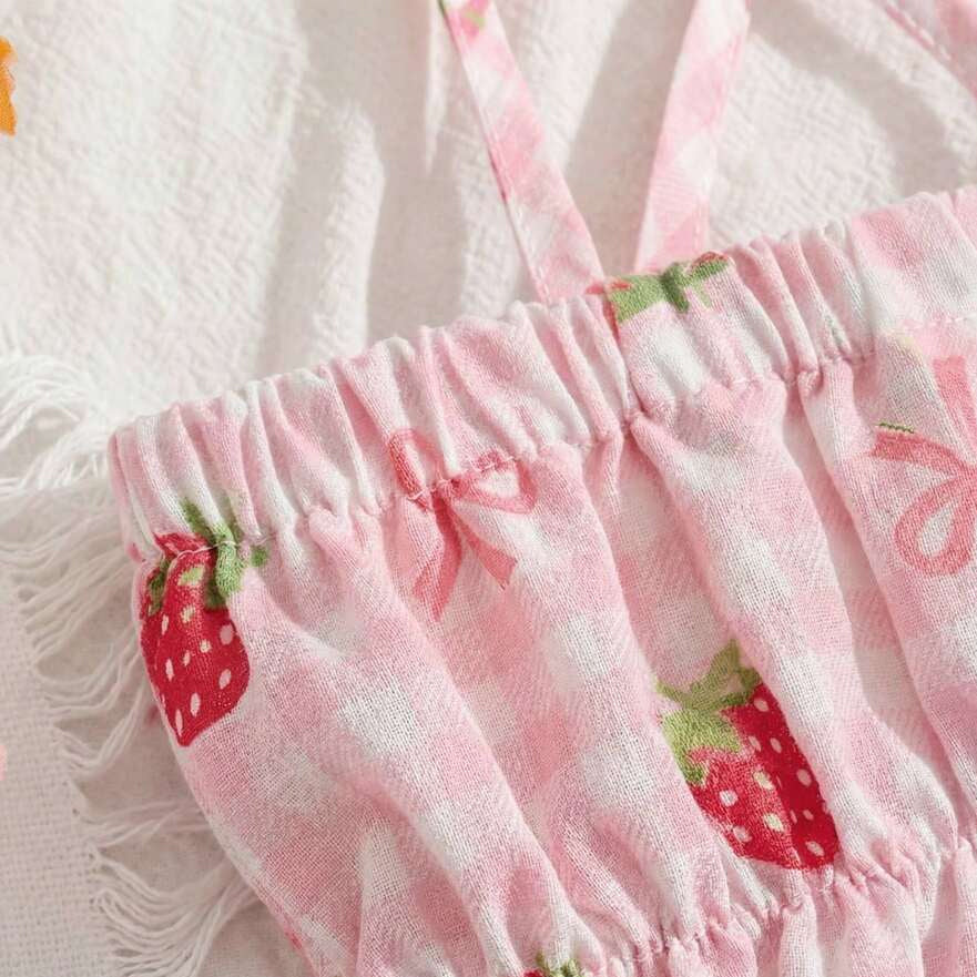 2PCS Cute Strawberry & Plaid Print Sleeveless  Baby Romper