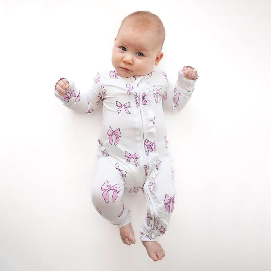 Casual Bow Print Ruffle Zipper Baby Jumpsuit