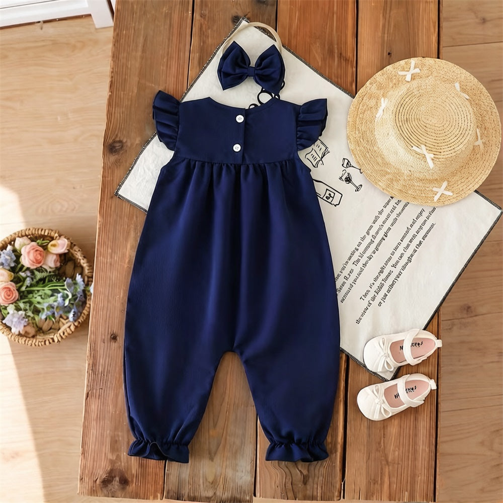 2PCS Stylish Floral Embroidery Flounce Sleeve Baby Jumpsuit