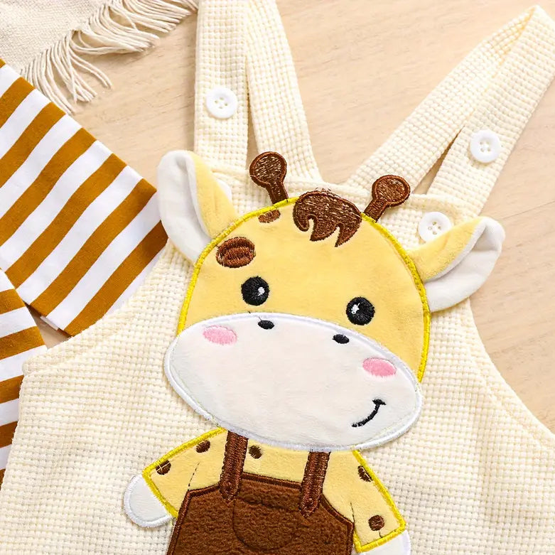 2PCS Stripe Giraffe Printed Long Sleeve Baby Overalls Set