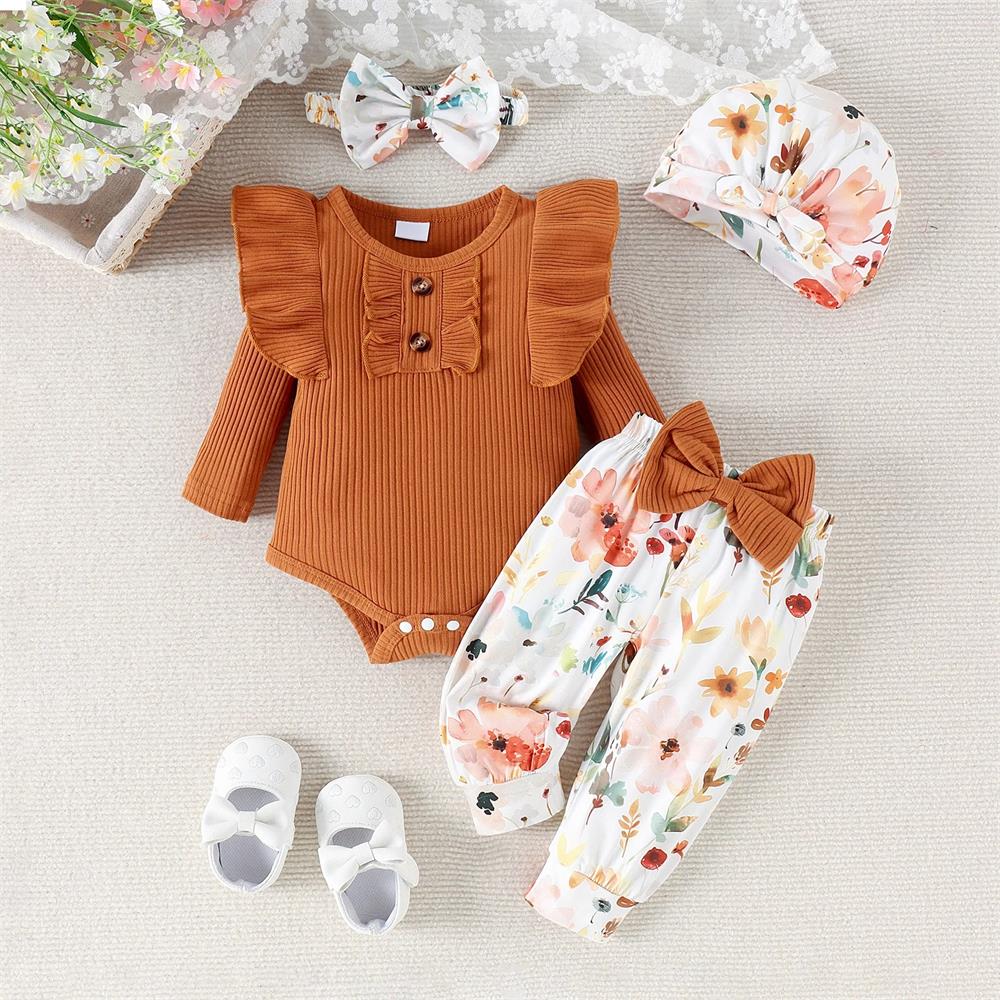 4PCS Floral Print Long Sleeve Baby Set