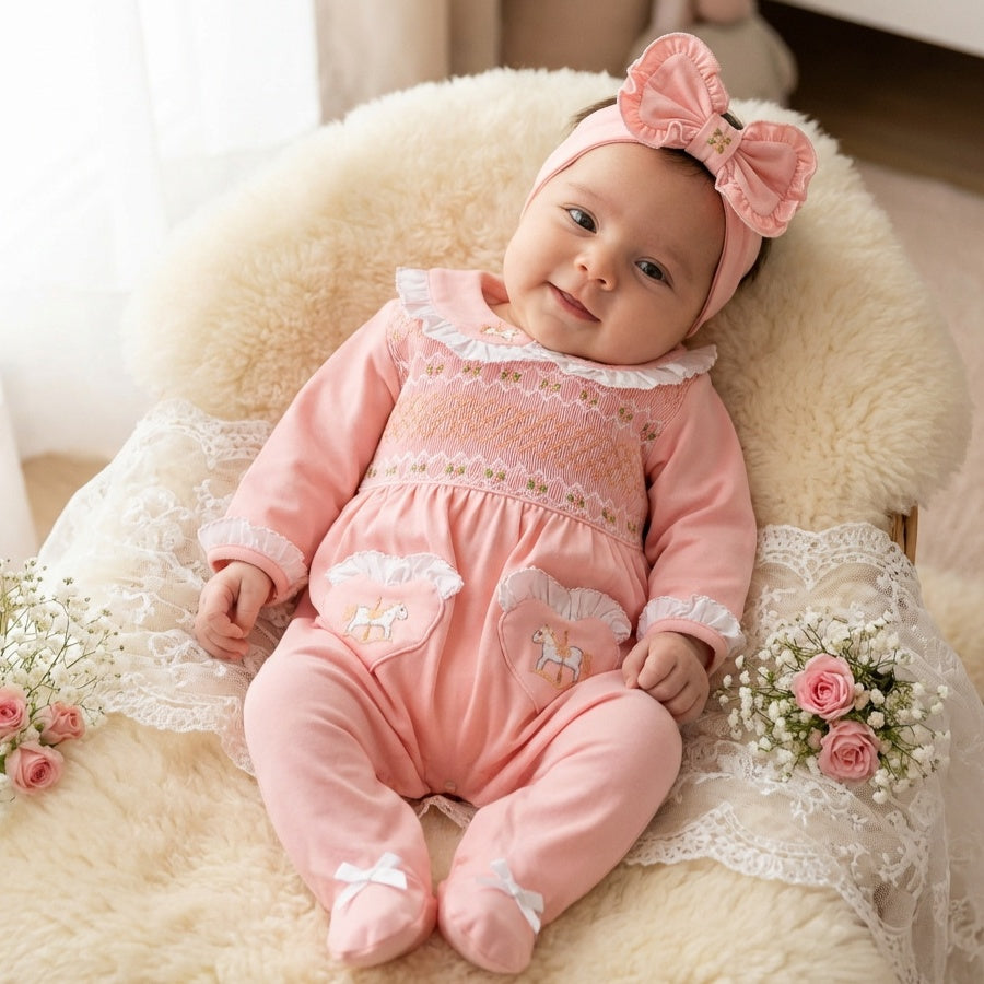 2PCS Solid Color Rocking Horse Appliqué Long Sleeve Baby Jumpsuit