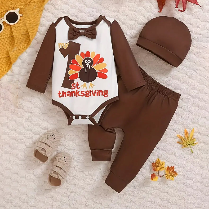 3PCS My First Thanksgiving Lettering Turkey Print Long Sleeve Baby Set