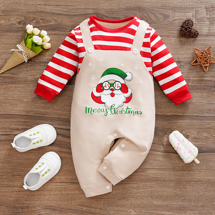 Merry Christmas Santa Claus Letter Stripe Printed Long Sleeve Baby Jumpsuit