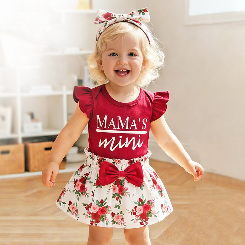 3PCS Mama's Mini Letter Floral Print Flutter Sleeve Baby Set