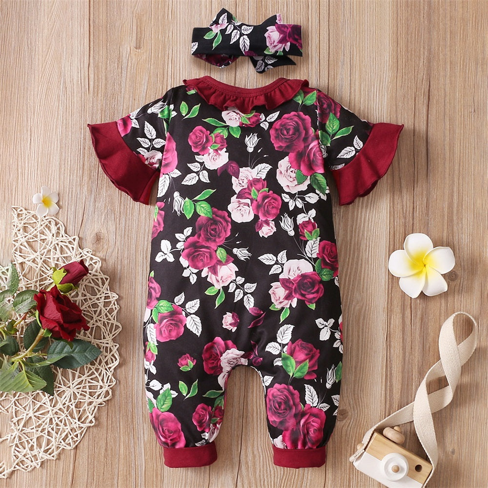 2PCS Casual Floral Print Frill Trim Short Sleeve Baby Jumpsuit