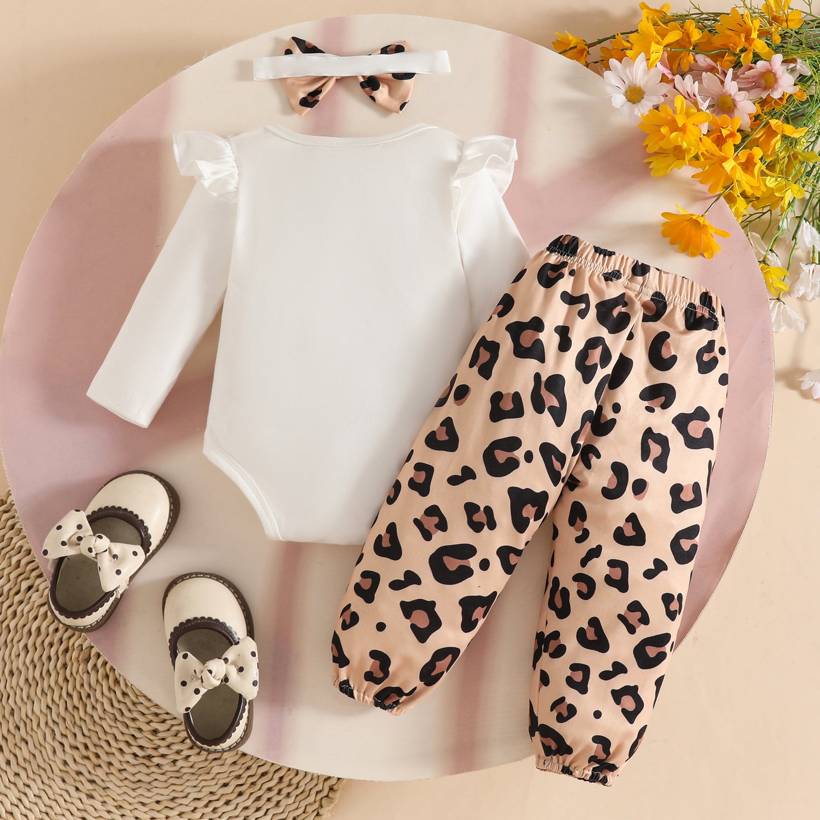 3PCS Lovely Baby Letter Cat Leopard Printed Long Sleeve Baby Set