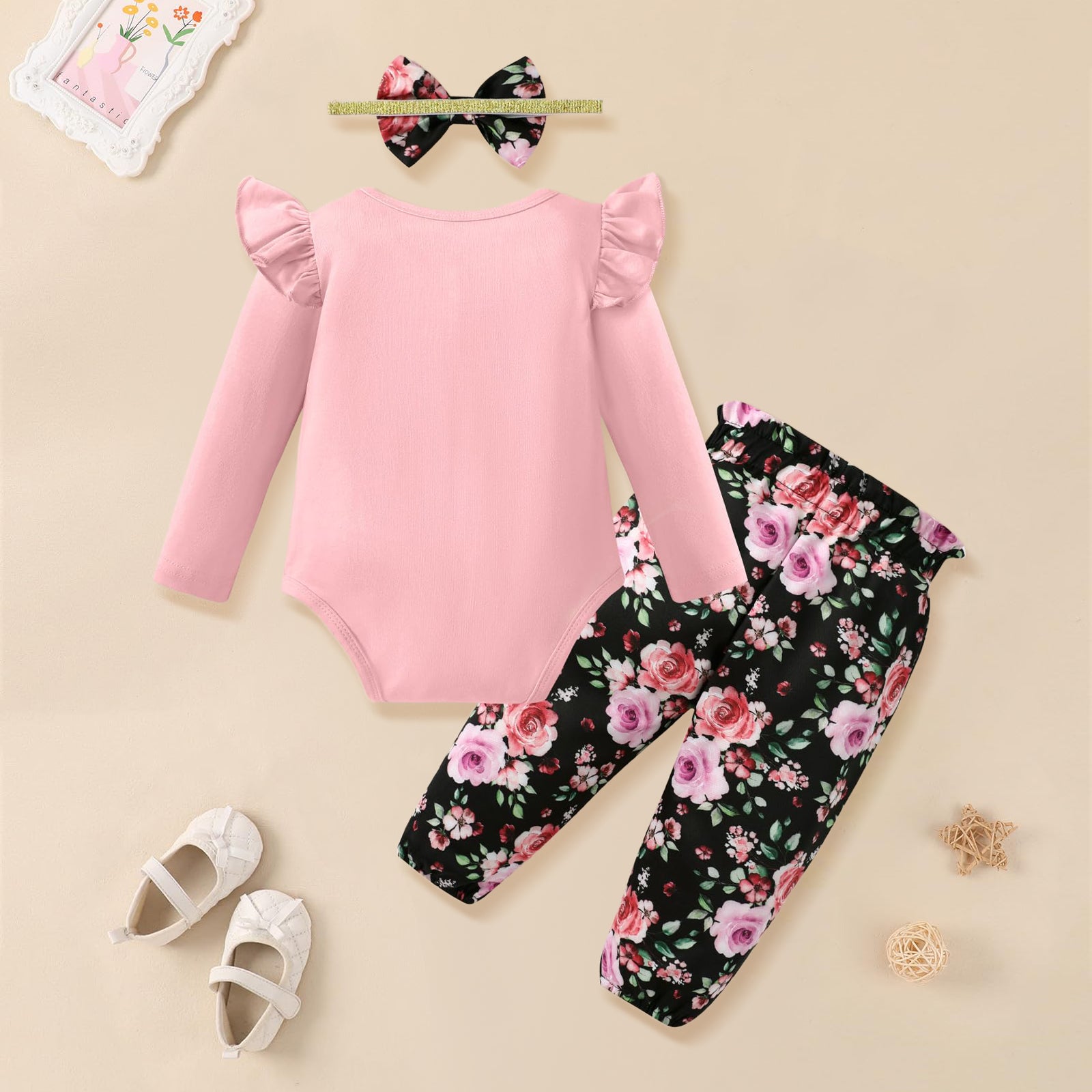3PCS Grace Little Miss Sassy Pants Letter Floral Printed Baby Set