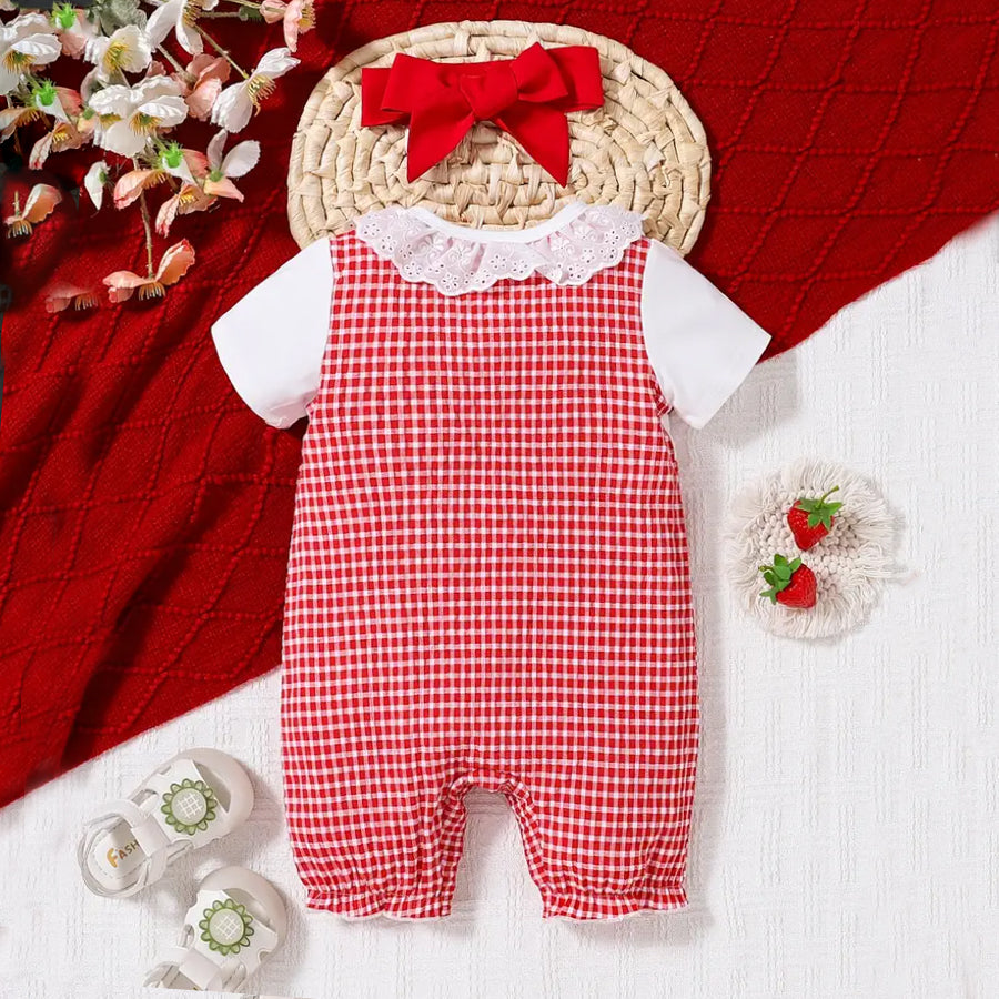 2PCS Sweet Strawberry Printed Plaid Short Sleeve Baby Jumpsuit