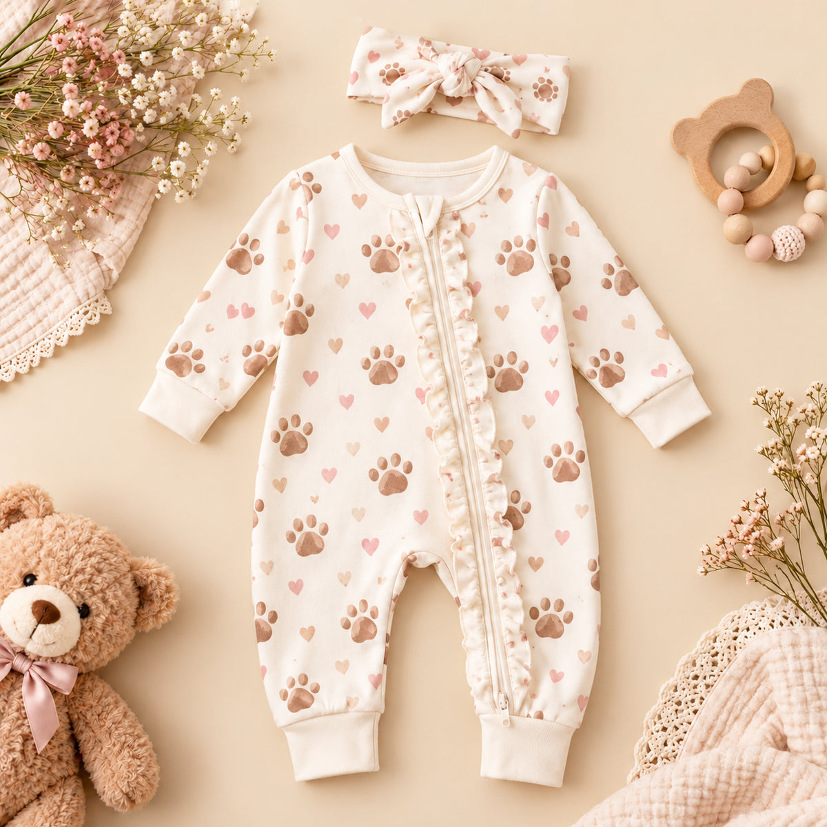 2PCS Baby Girl Paw Heart Print Ruffle Long Sleeve Zipper Jumpsuit