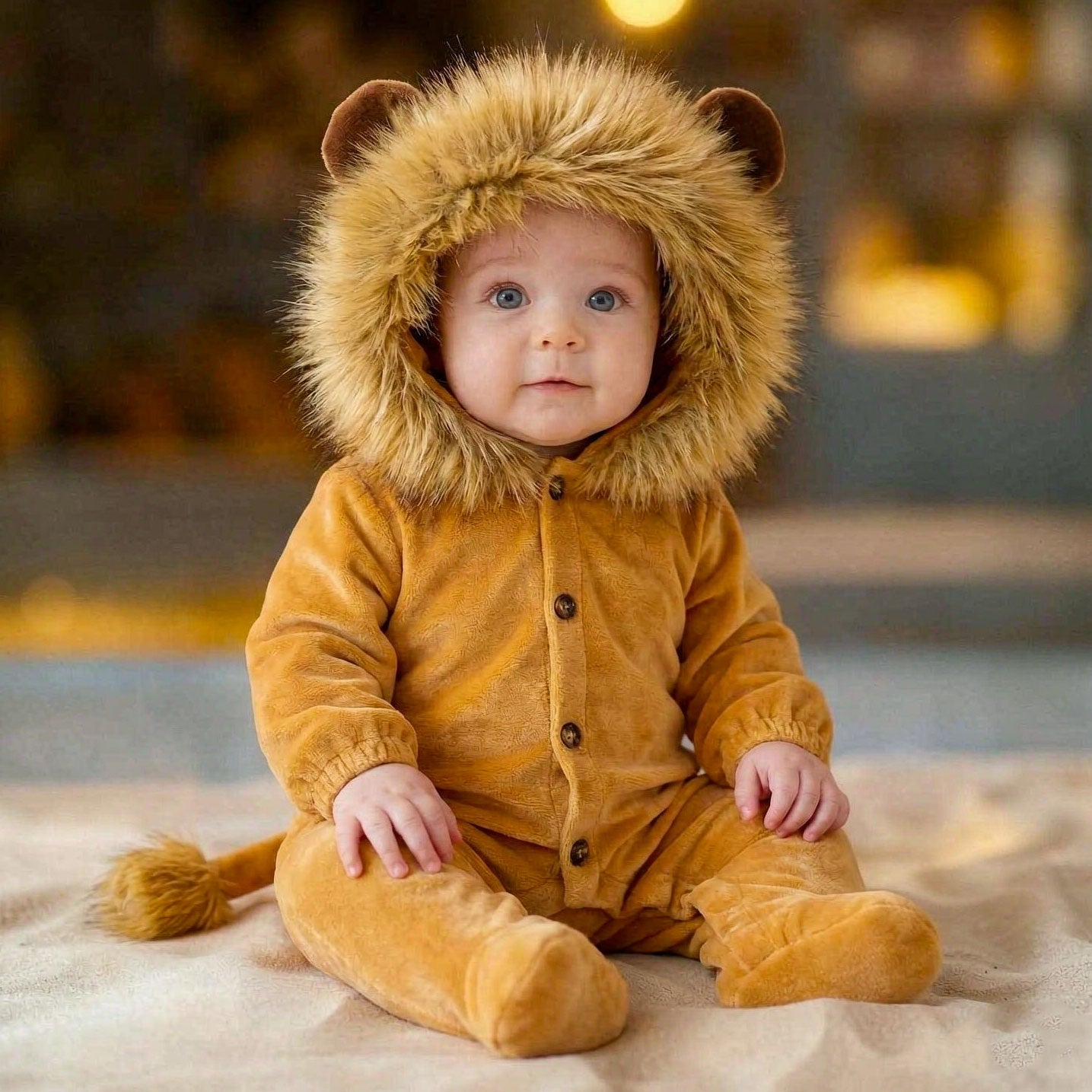 Lovely Fuzzy 3D Lion Decor Long Sleeve Hoodie Baby Jumpsuit
