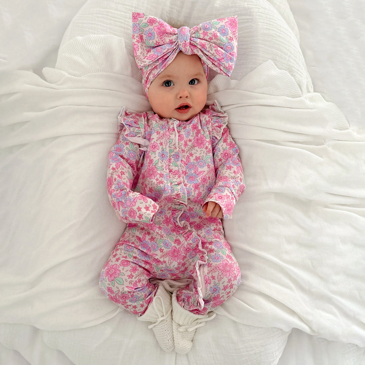 2PCS Dreamy Floral Print Ruffle Zipper Long Sleeve Baby Jumpsuit
