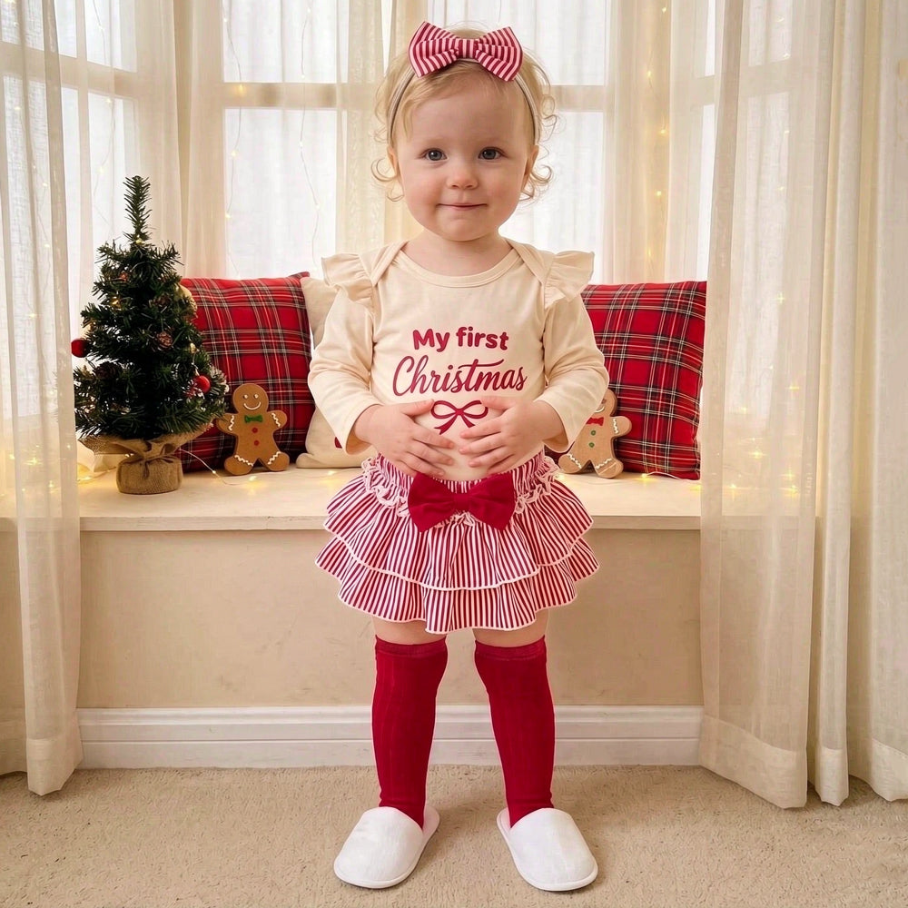 4PCS My First Christmas Letter Bow Stripe Print Baby Set