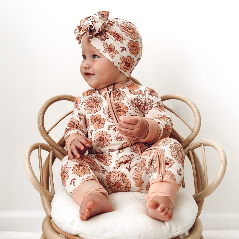 Adorable Allover Floral Printed Long Sleeve Zipper Baby Jumpsuit