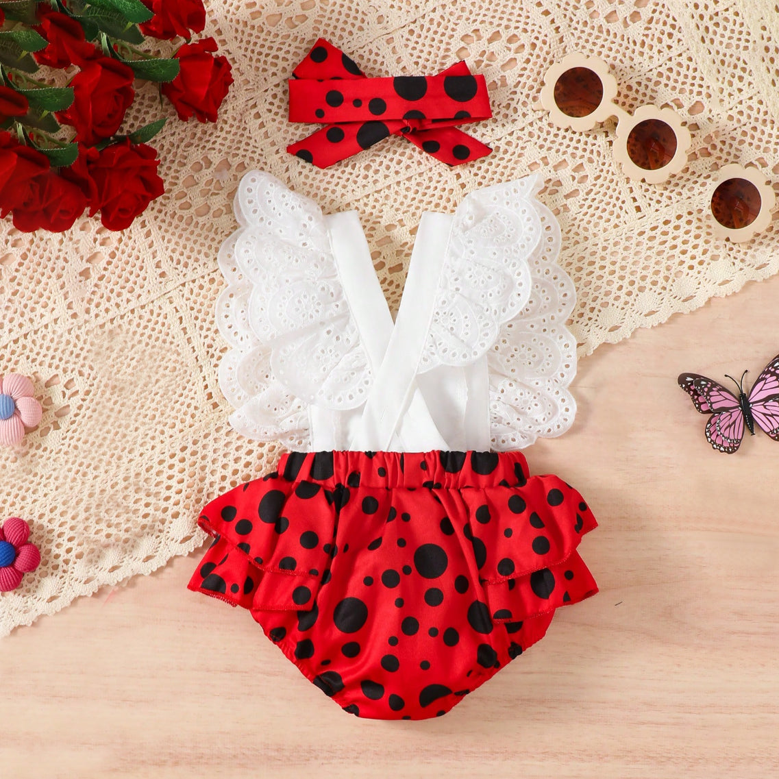 2PCS Cute Ladybug Printed Lace Flyaway Sleeve Baby Romper