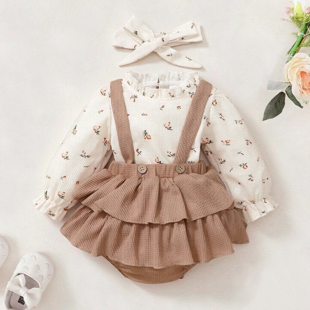 2PCS Elegant Floral Print Faux Layering Long Sleeve Baby Girl Romper
