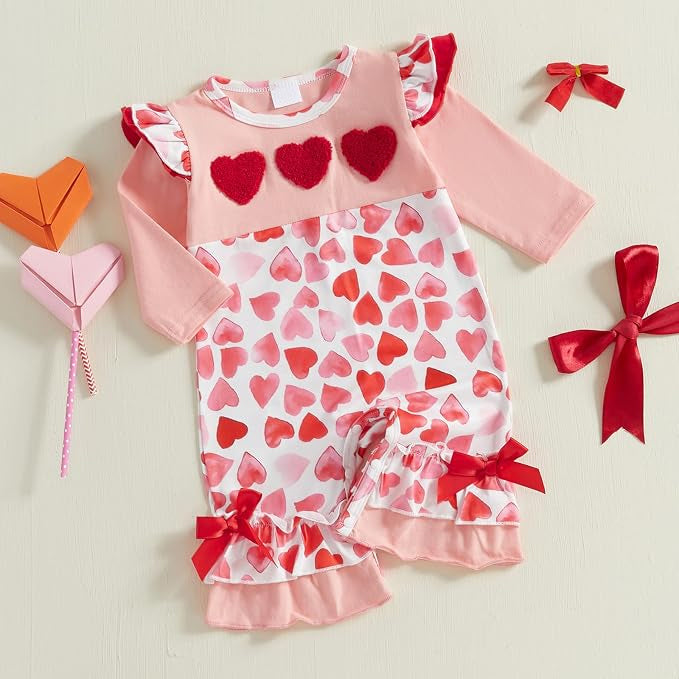 Lovely Heart Print Long Sleeve Ruffle Baby Jumpsuit