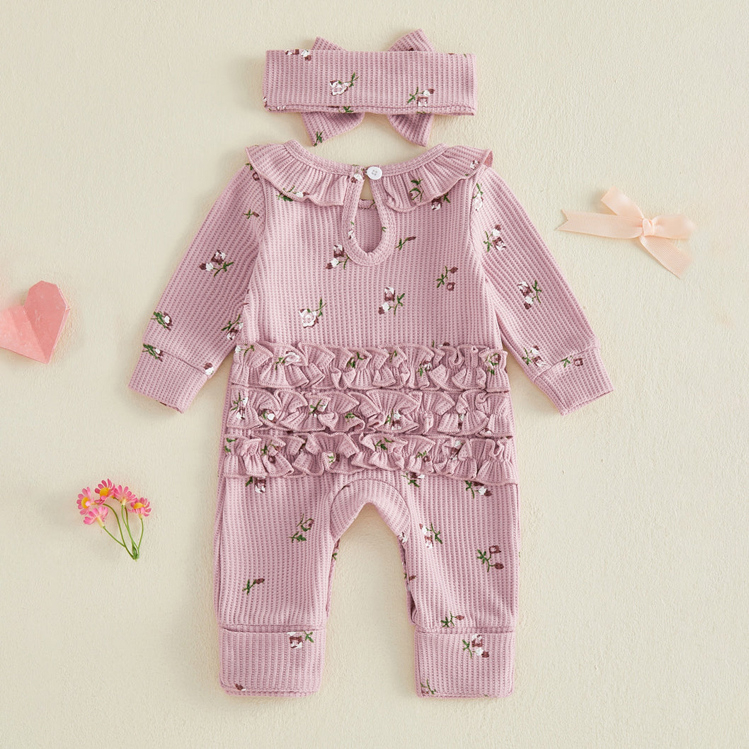 2PCS Graceful Floral Print Ruffle Long Sleeve Baby Jumpsuit