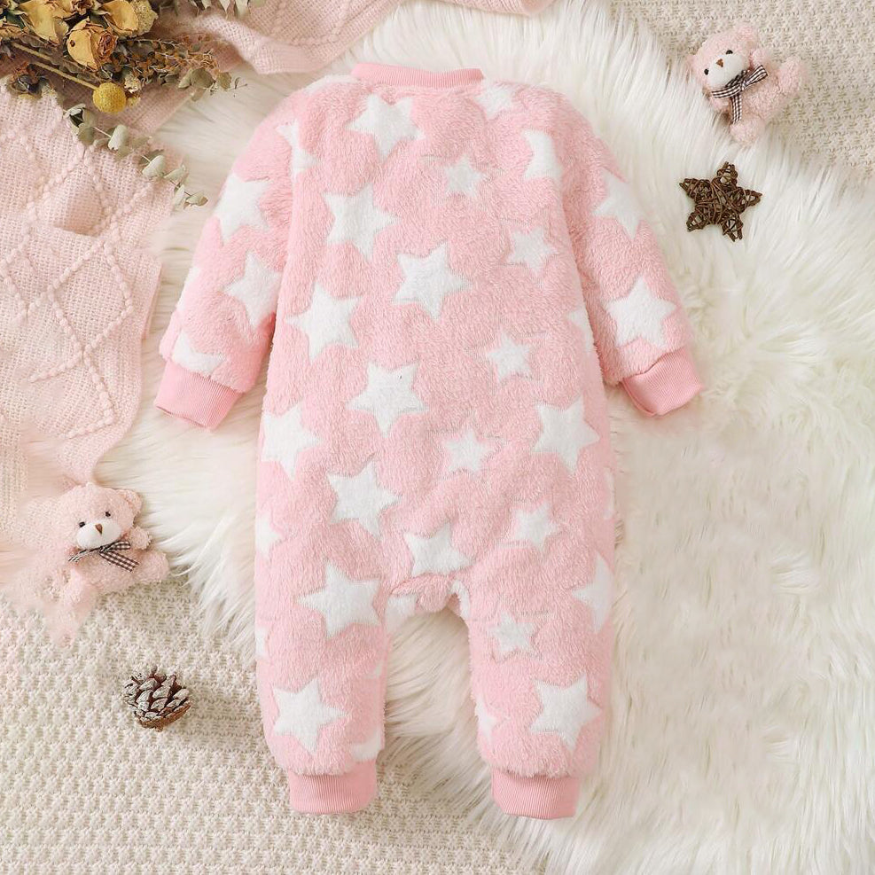 Casual Star Printed Fuzzy Long Sleeve Zipper Baby Jumpsuit