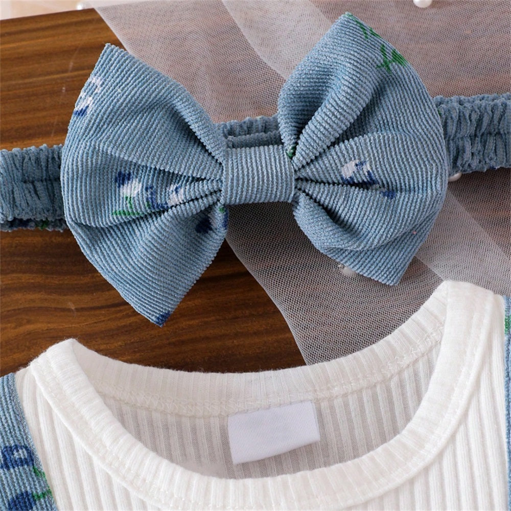 2PCS Causal Floral Printed Bow Short Sleeve Baby Jumpsuit