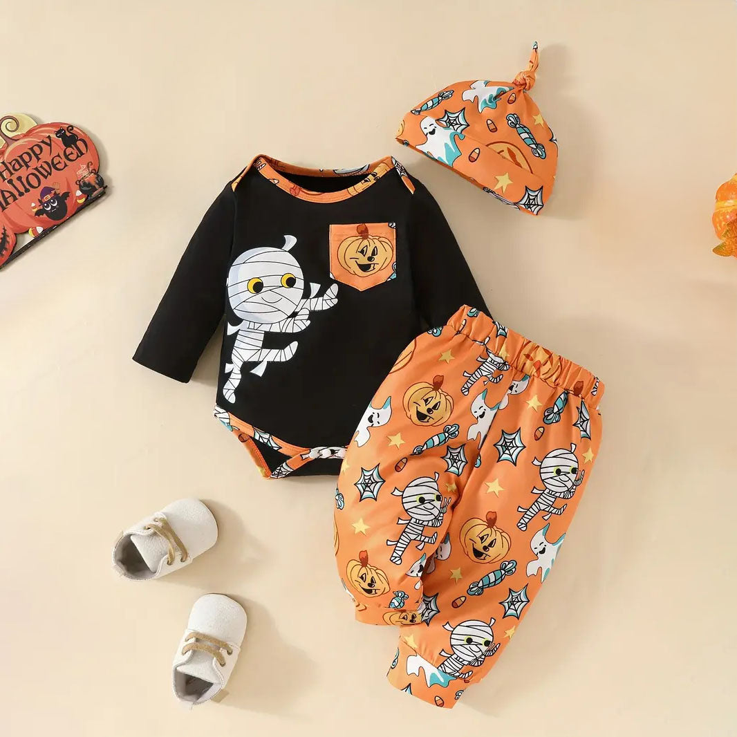 3PCS Halloween Mummy Printed Long Sleeve Baby Set