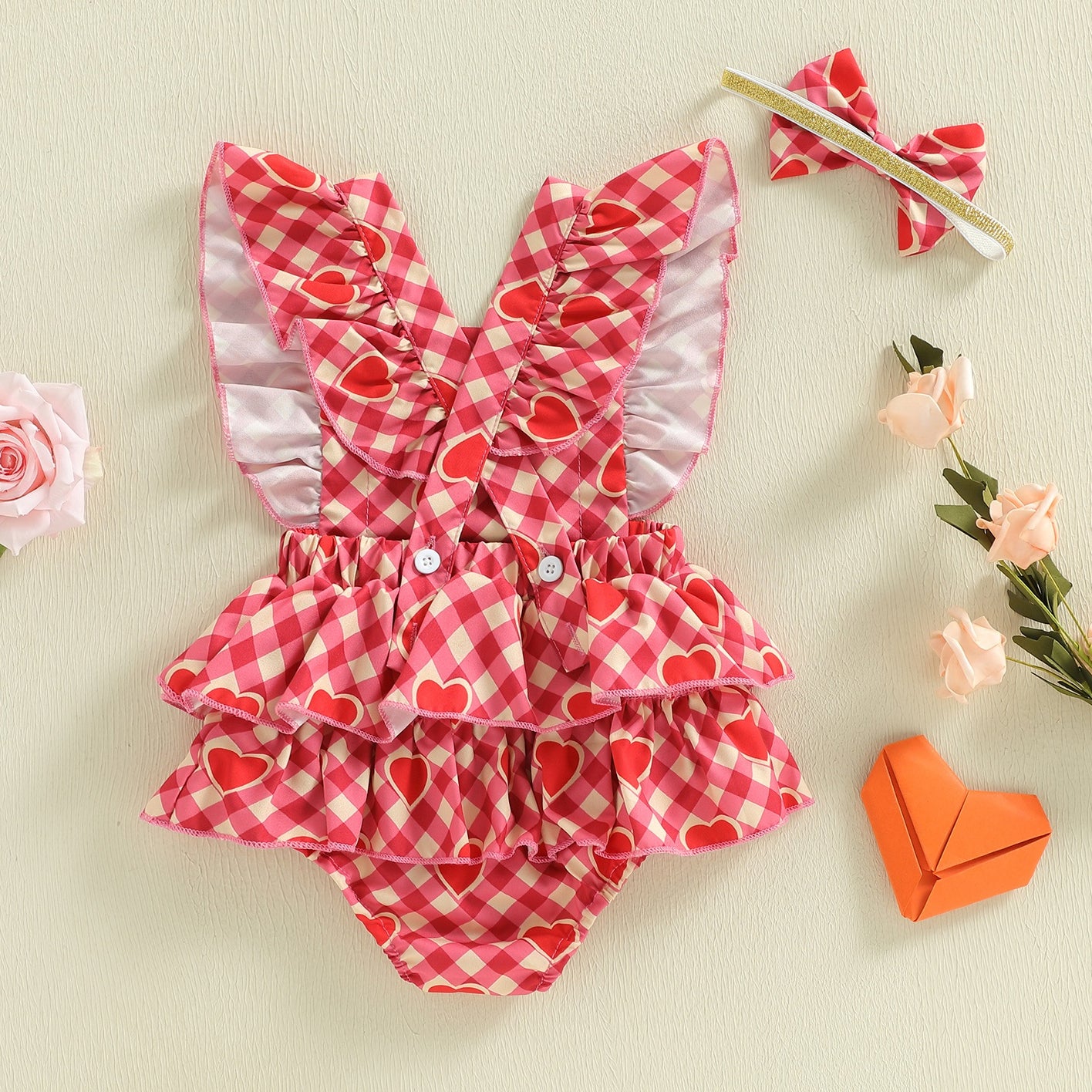 2PCS Gorgeous Heart Plaid Print Flounce Sleeve Baby Romper