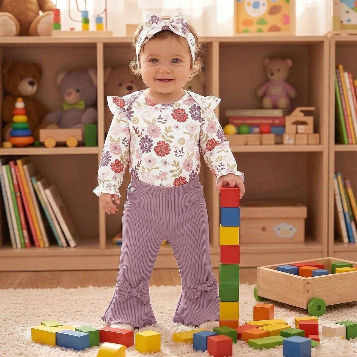 4PCS Cheerful Baby Girl Floral Print Bow Long Sleeve Set