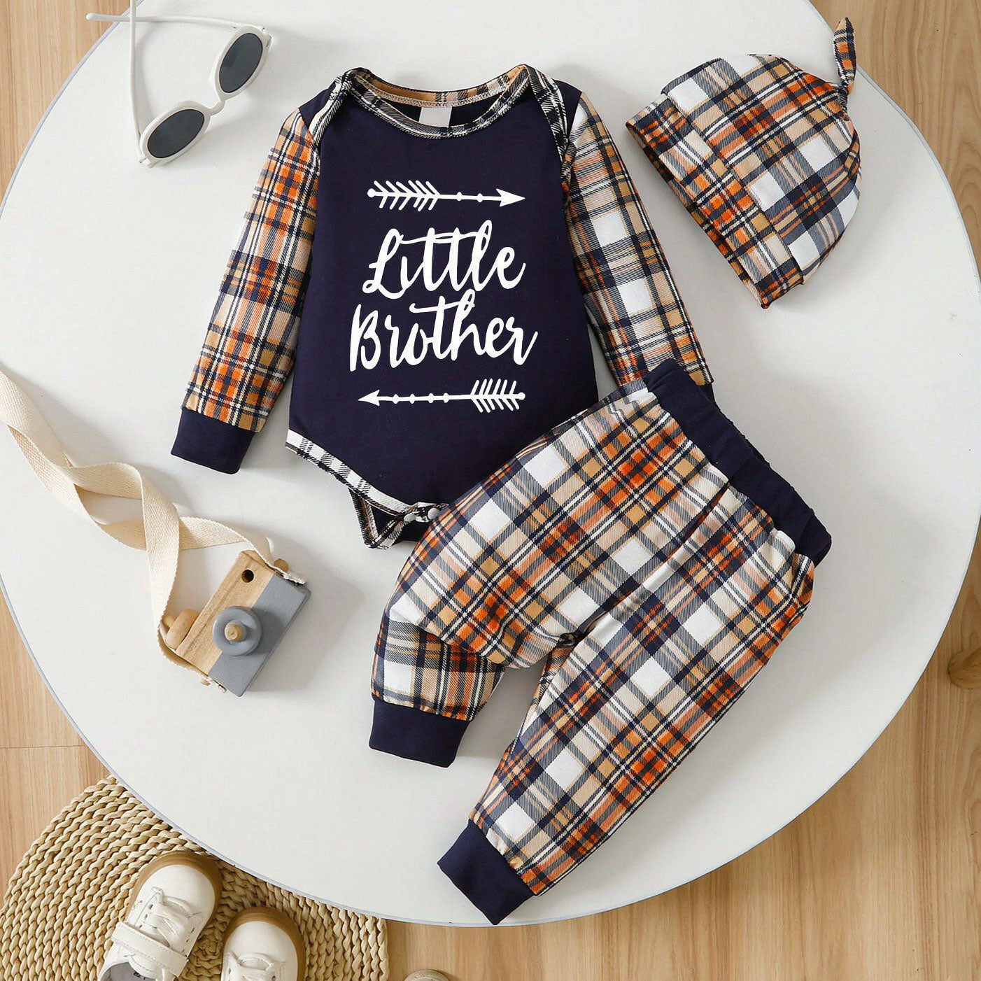 3PCS Stylish Little Brother Letter Plaid Print Long Sleeve Baby Set
