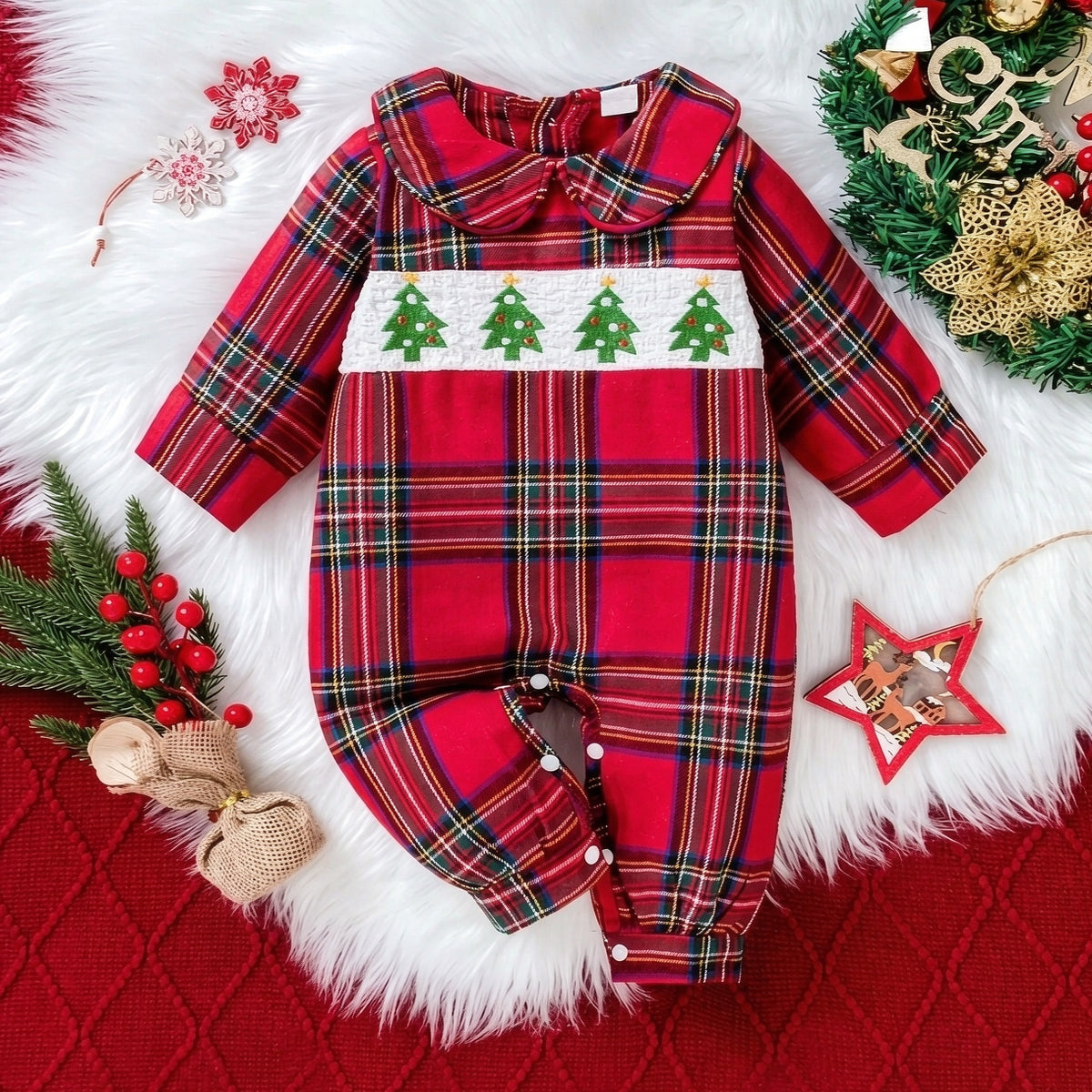 Sweet Christmas Tree Embroidered Plaid Printed Long Sleeve Baby Girl Jumpsuit
