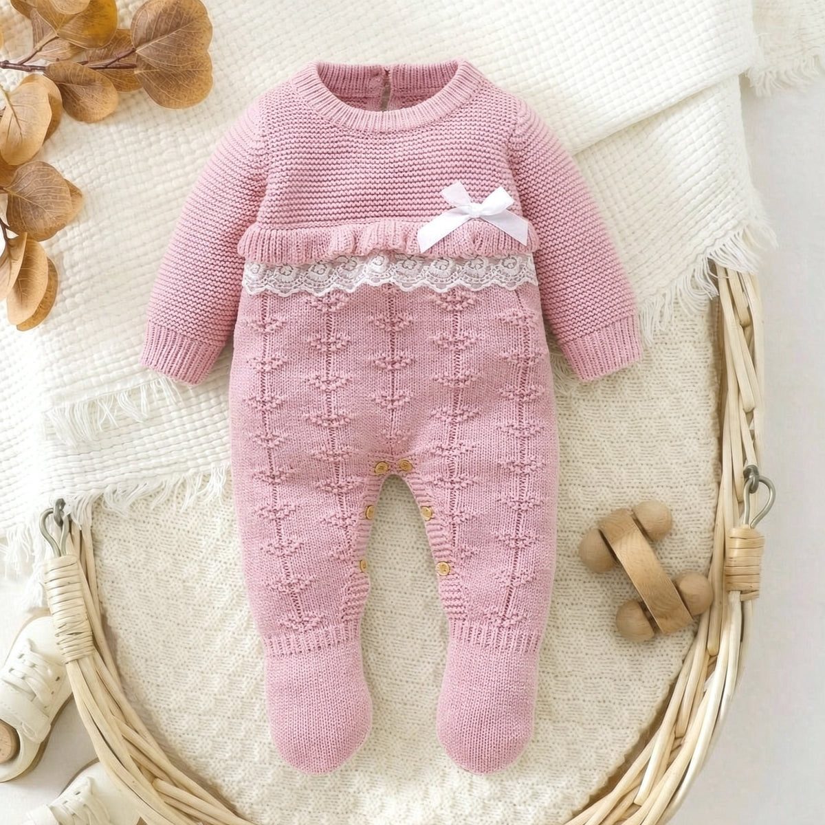 Cozy Solid Color Lace Knitted Long Sleeve Baby Girl Jumpsuit