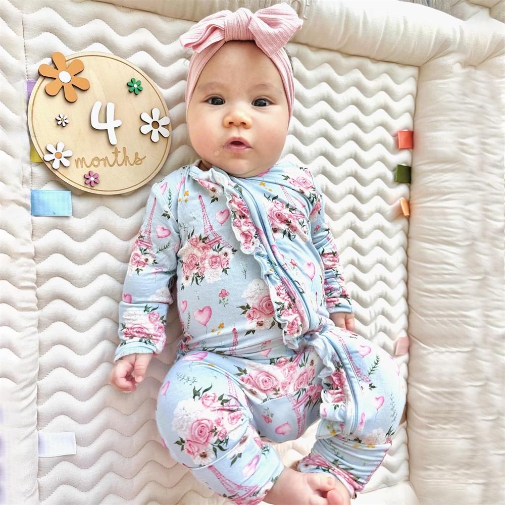Comfy Floral Print Long Sleeve Ruffle Zipper Baby Jumpsuit
