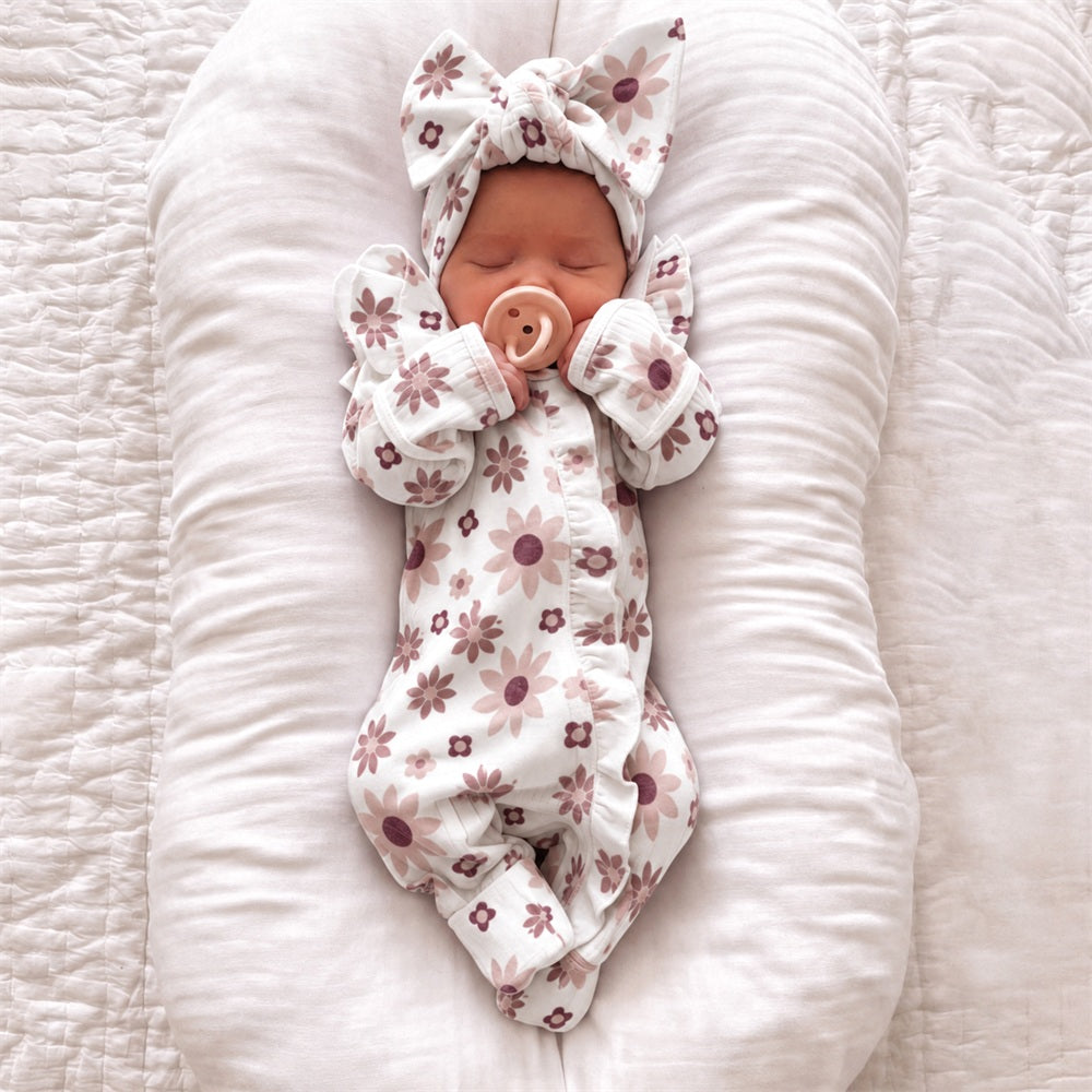 2PCS Timeless Floral Printed Ruffle Decor Zipper Baby Jumpsuit