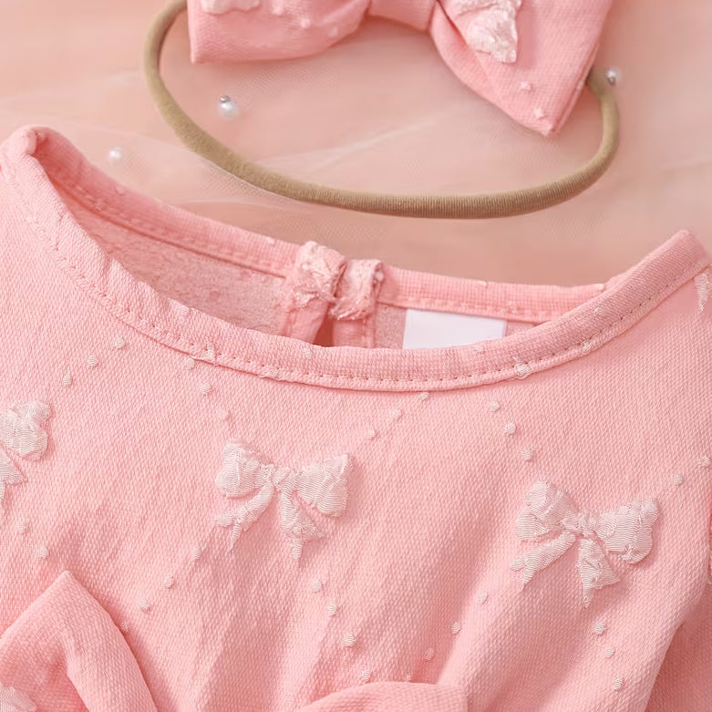 2PCS 3D Bow Print Long Sleeve Lace Baby Romper