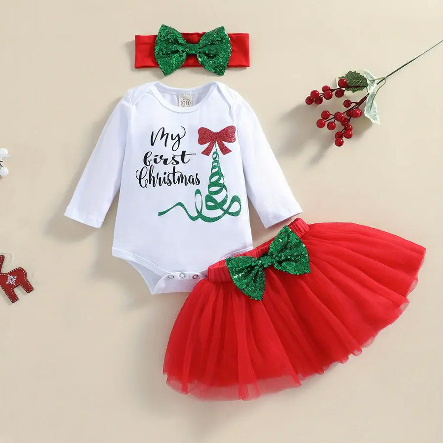 3PCS Pretty My First Christmas Letter Printed Mesh Baby Skirt Set