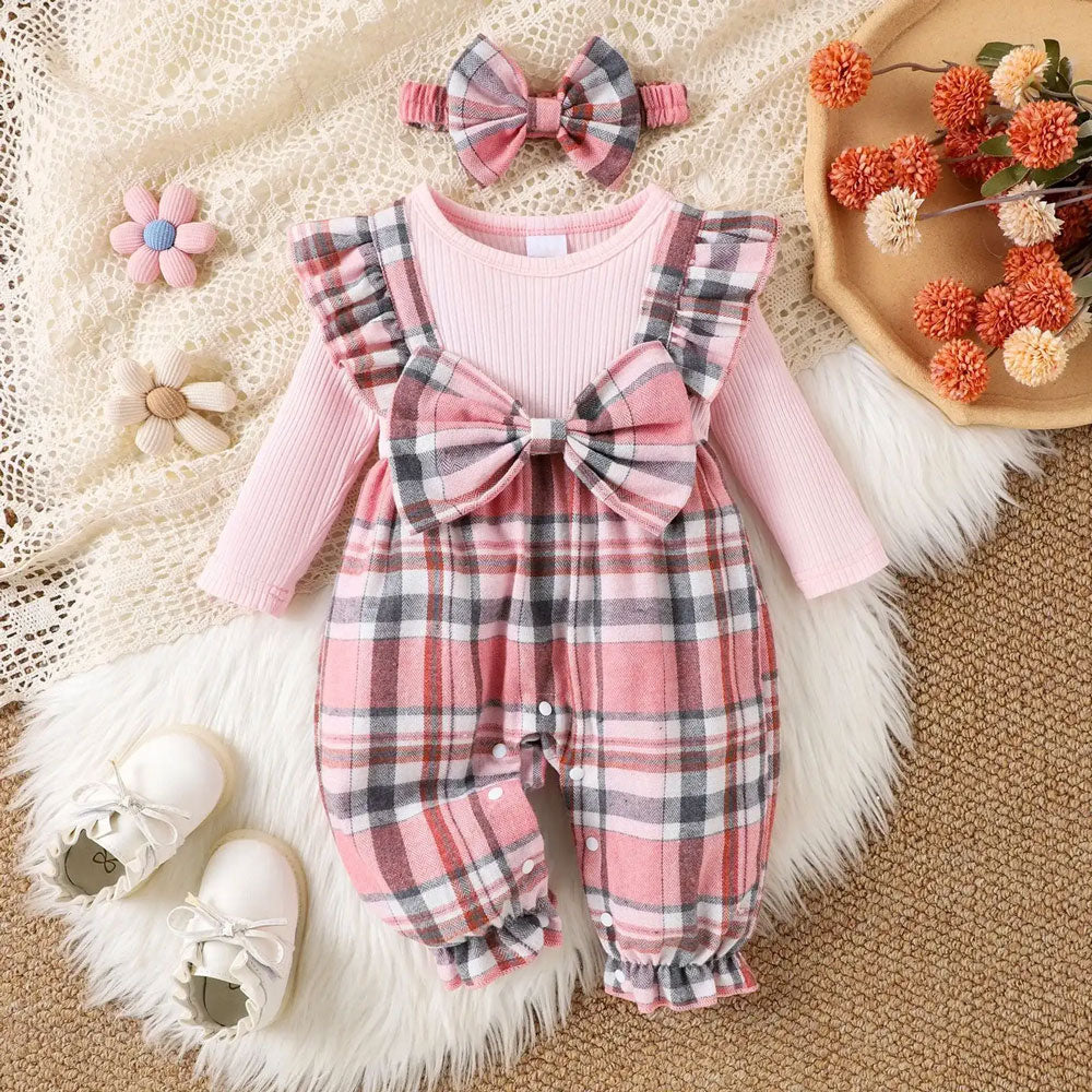 2PCS Sweet Faux-Layered Plaid Printed Long Sleeve Baby Jumpsuit