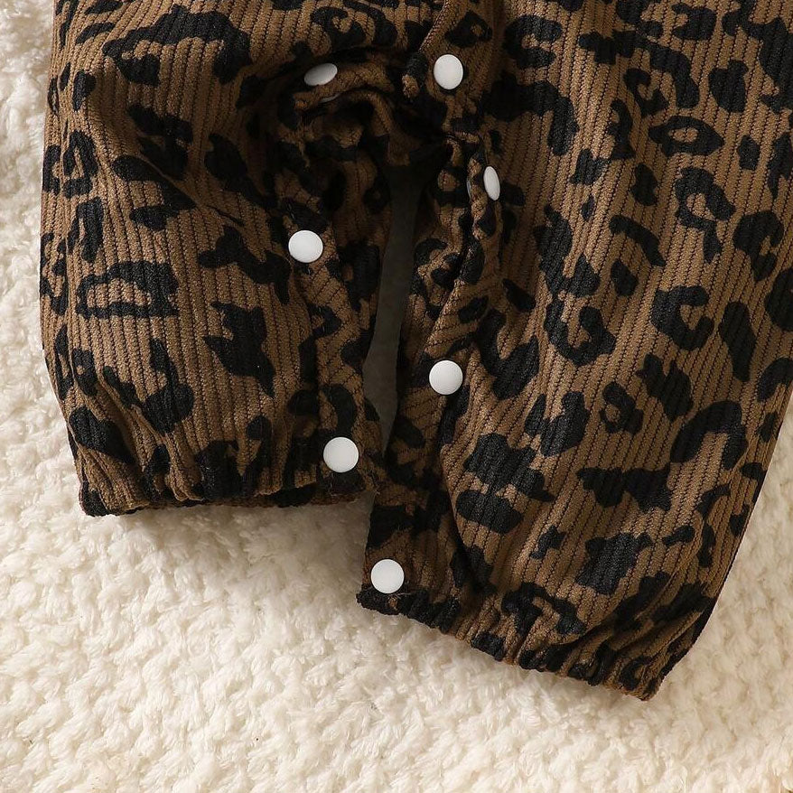 Refined Leopard Print Lace Long Sleeve Baby Girl Jumpsuit