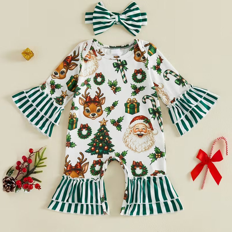 2PCS Baby Girl Holiday Printed Striped Long Sleeve Christmas Jumpsuit