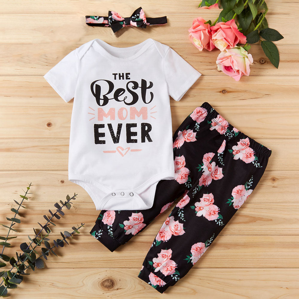 3PCS The Best Mom Ever Letter Floral Printed Short Sleeve Baby Set