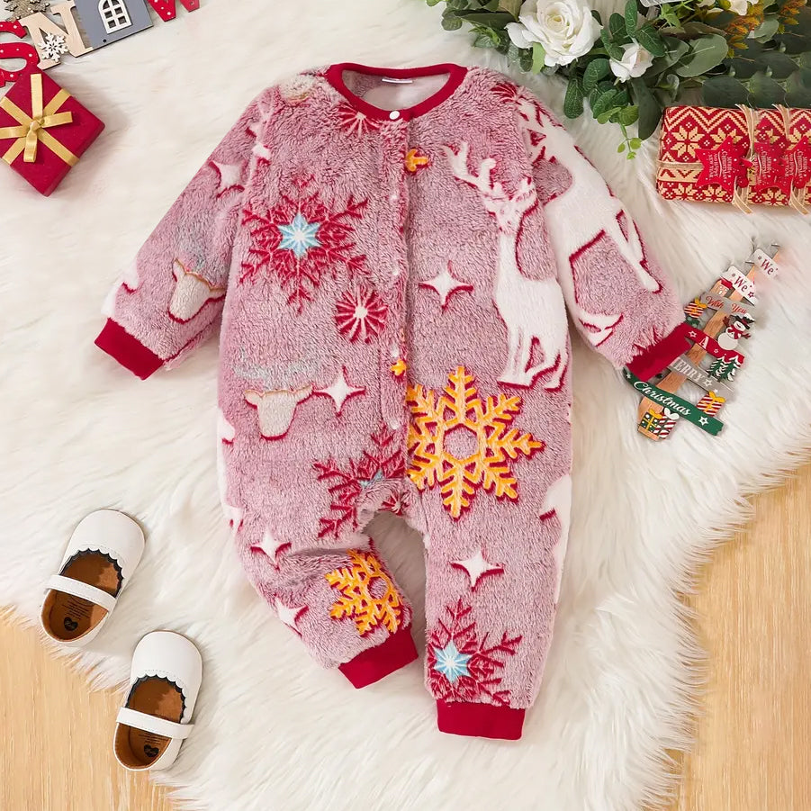 Lovely Christmas Elk Printed Long Sleeve Baby Jumpsuit