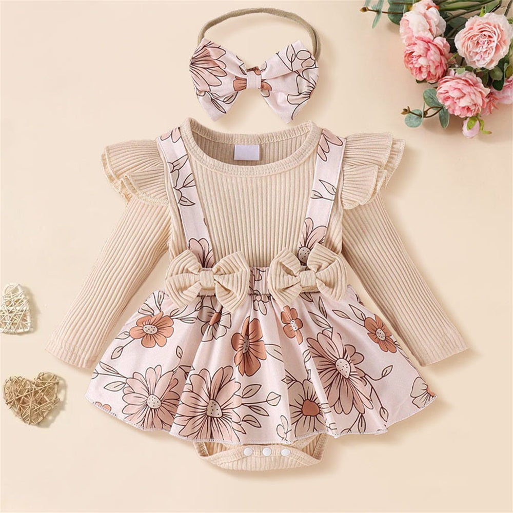 2PCS Pretty Floral Print Long Sleeve Baby Romper