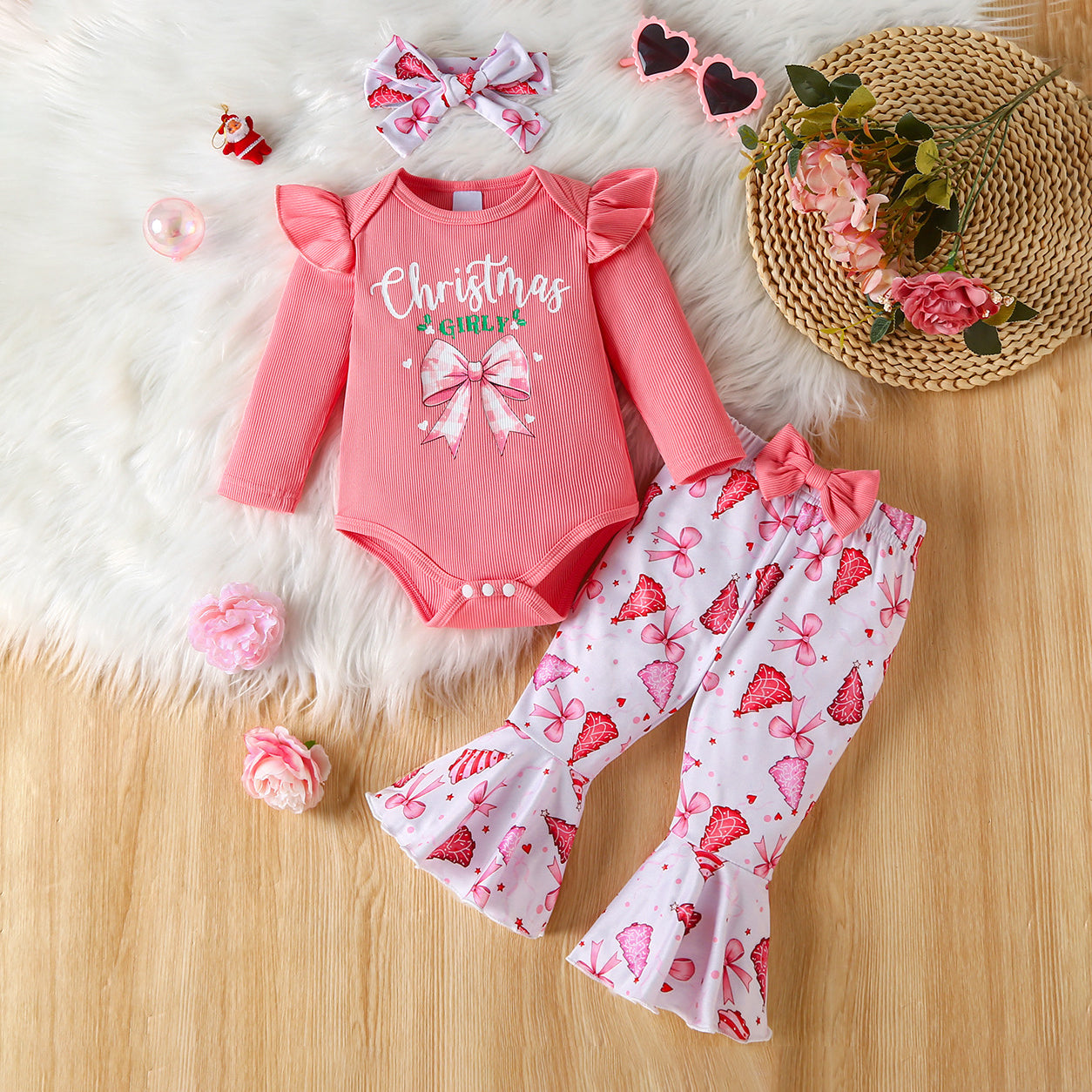 3PCS Christmas Girly Letter Bow Printed Baby Set