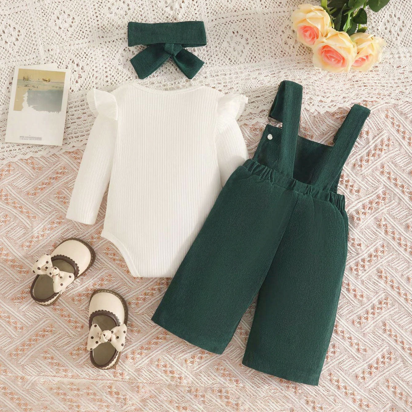 3PCS Classy Bow Embroidery Long Sleeve Baby Overalls Set