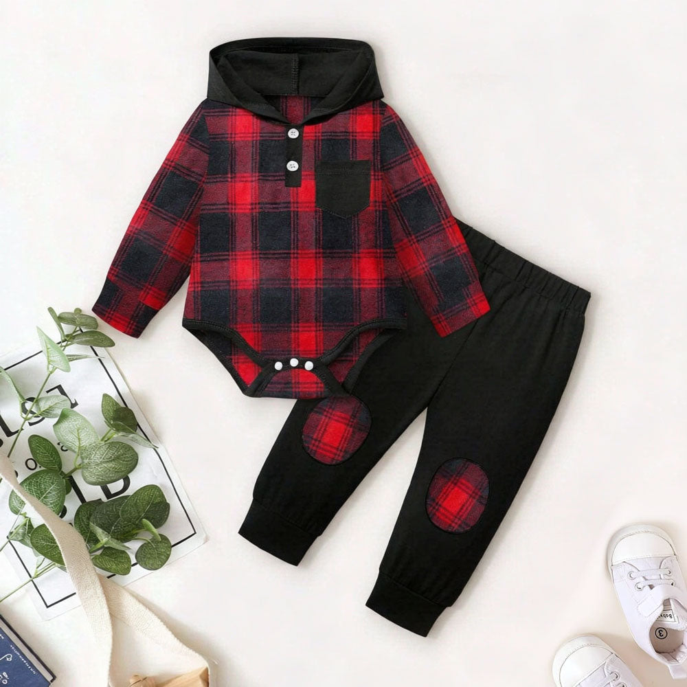 2PCS Dashing Plaid Printed Long Sleeve Baby Boy Hooded Set