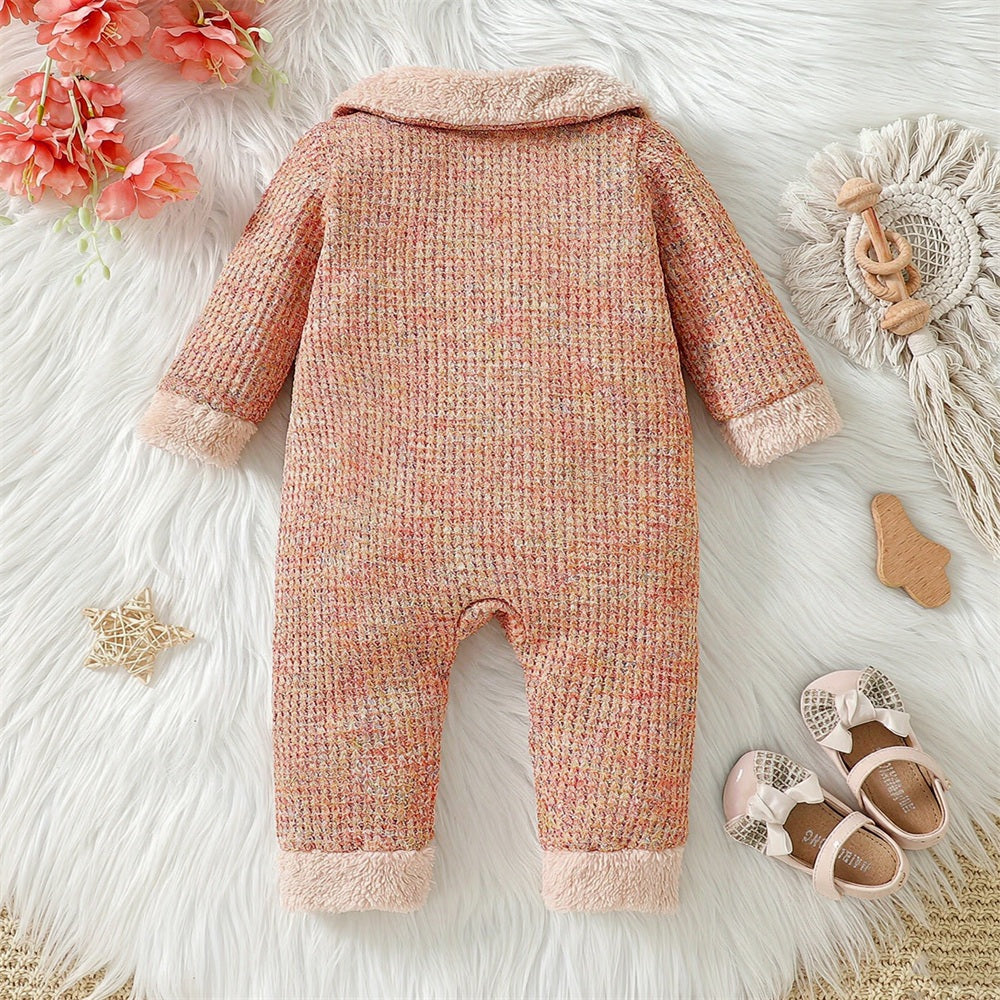 Fuzzy Collar Heathered Knit Long Sleeve Baby Jumpsuit
