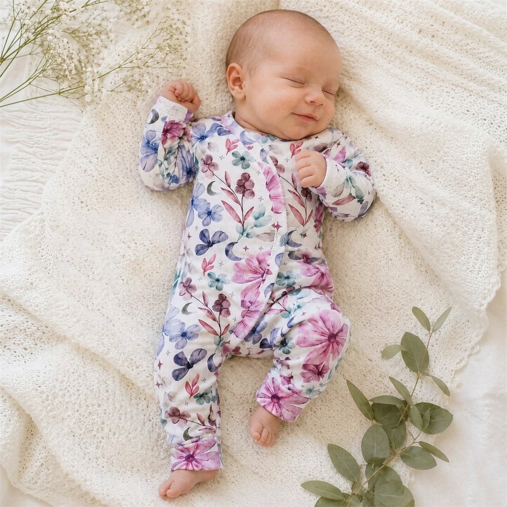 Romantic Floral Printed Long Sleeve Baby Jumpsuit