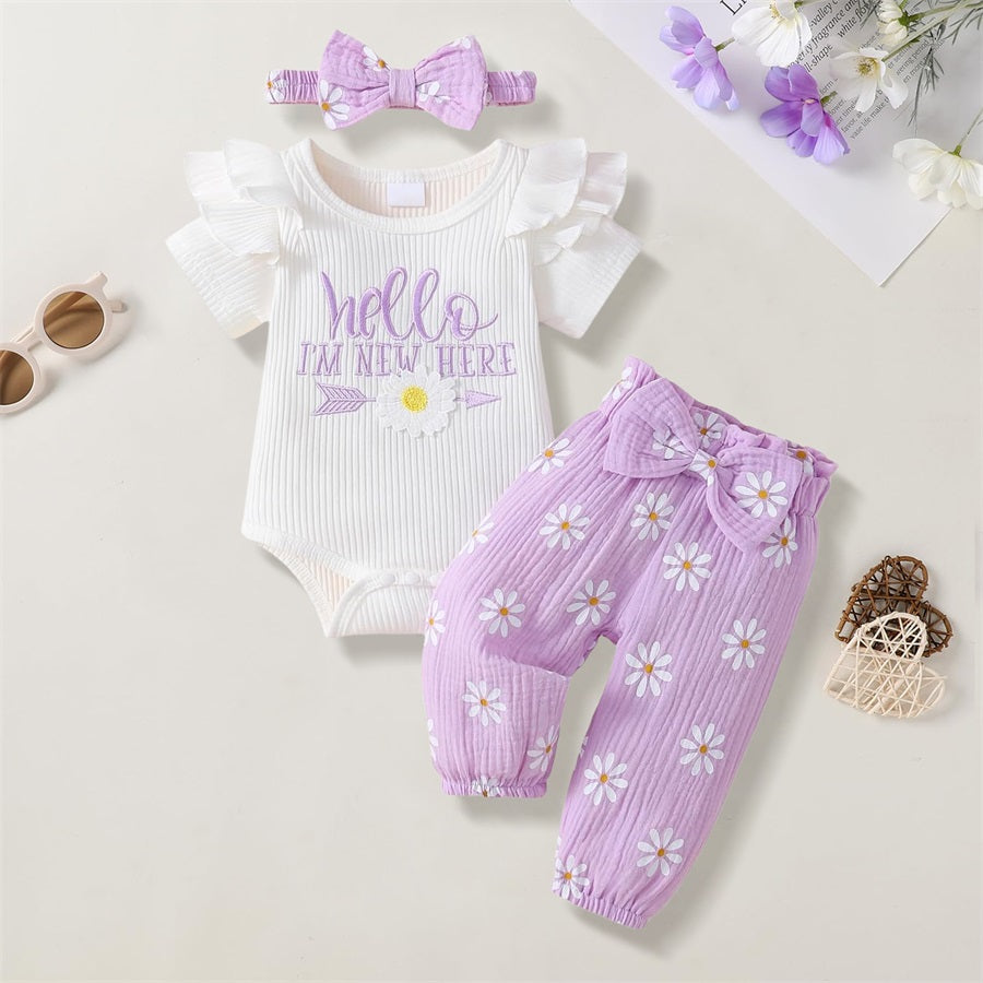 3PCS Hello I'm New Here Letter Embroidery Floral Print Baby Set